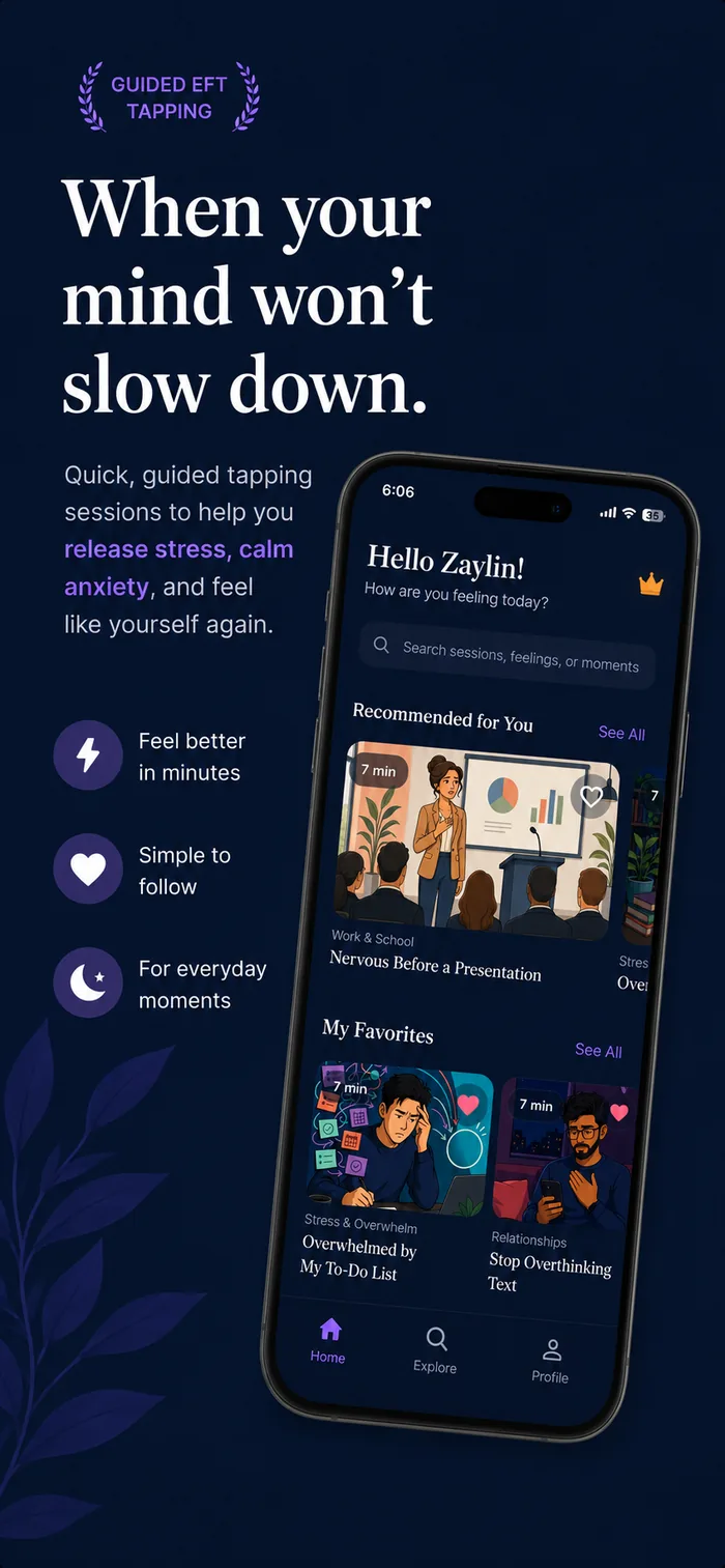 SHIFT home screen: 'When your mind won't slow down' — recommended sessions and favorites