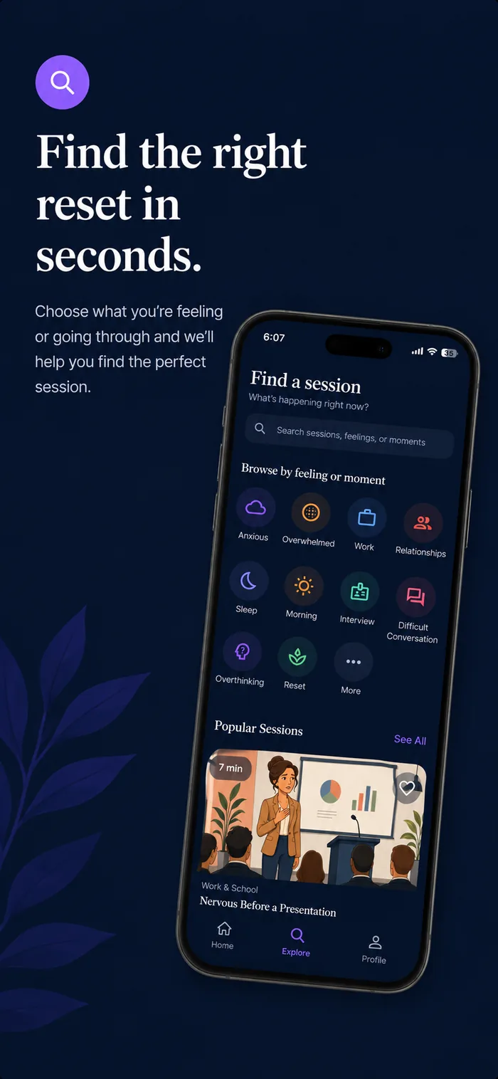 Explore screen to browse sessions by feeling or moment